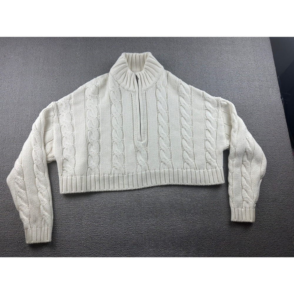 STAUD Hampton Sweater Women M White Cropped Cable Knit Cotton Blend Preppy Ski